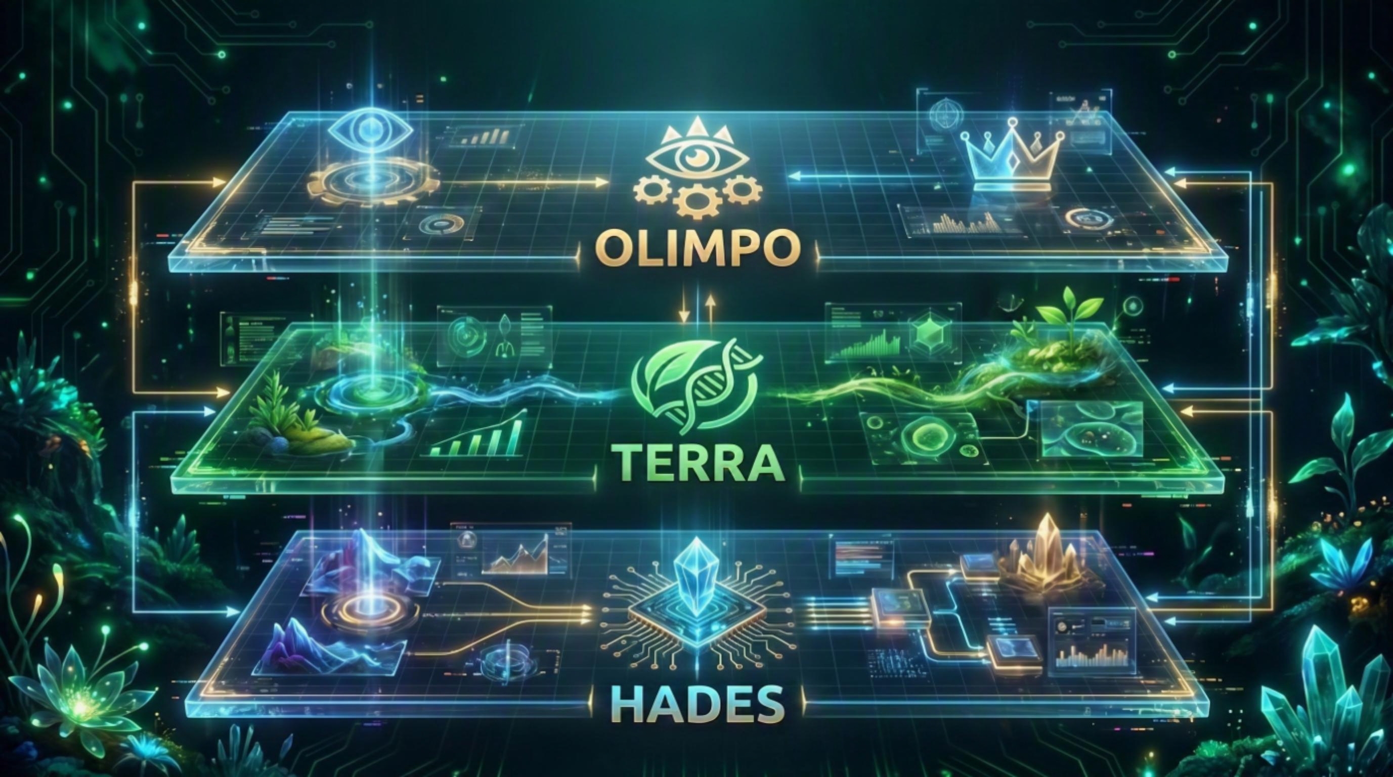 Olympus layer of Leaftix GaiaOS: Sovereignty Council with Gaia, Athena and Hermes agents in a strategic deliberation neural network, orchestrating autonomous agricultural governance